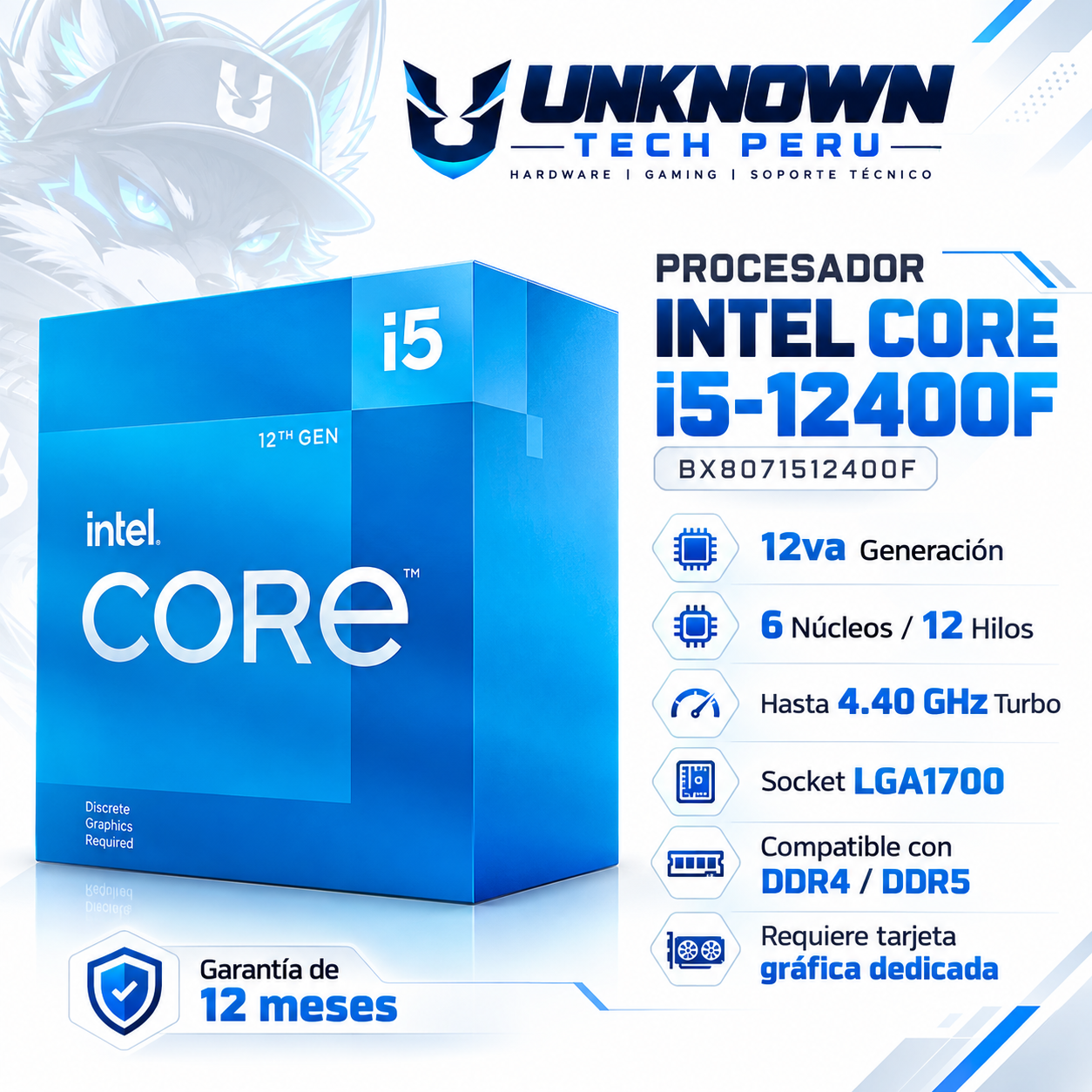 PROCESADOR INTEL CORE I5 12400F (  BX8071512400F ) | 12va GEN | 2.50GHz - 4.40GHz MAX | 18MB - 6N - 12H | SIN GRAFICOS UHD 730 | C/ COOLER | 65W - 117W MAX | PCIe 5.0 | LGA1700