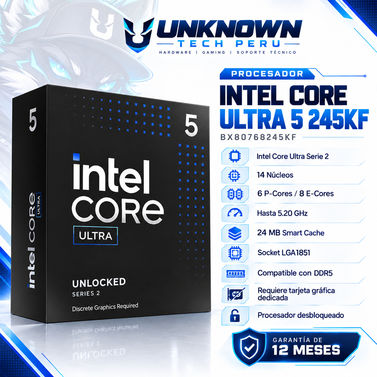 PROCESADOR INTEL CORE ULTRA 5 245KF ( BX80768245KF ) | GEN ULTRA SERIES 2 | 3.60GHz - 5.20GHz MAX | 26MB - 14N - 14H | SIN GRAFICOS INTEL Xe | S/ COOLER | 125W - 159W MAX | PCIe 5.0 | LGA 1851