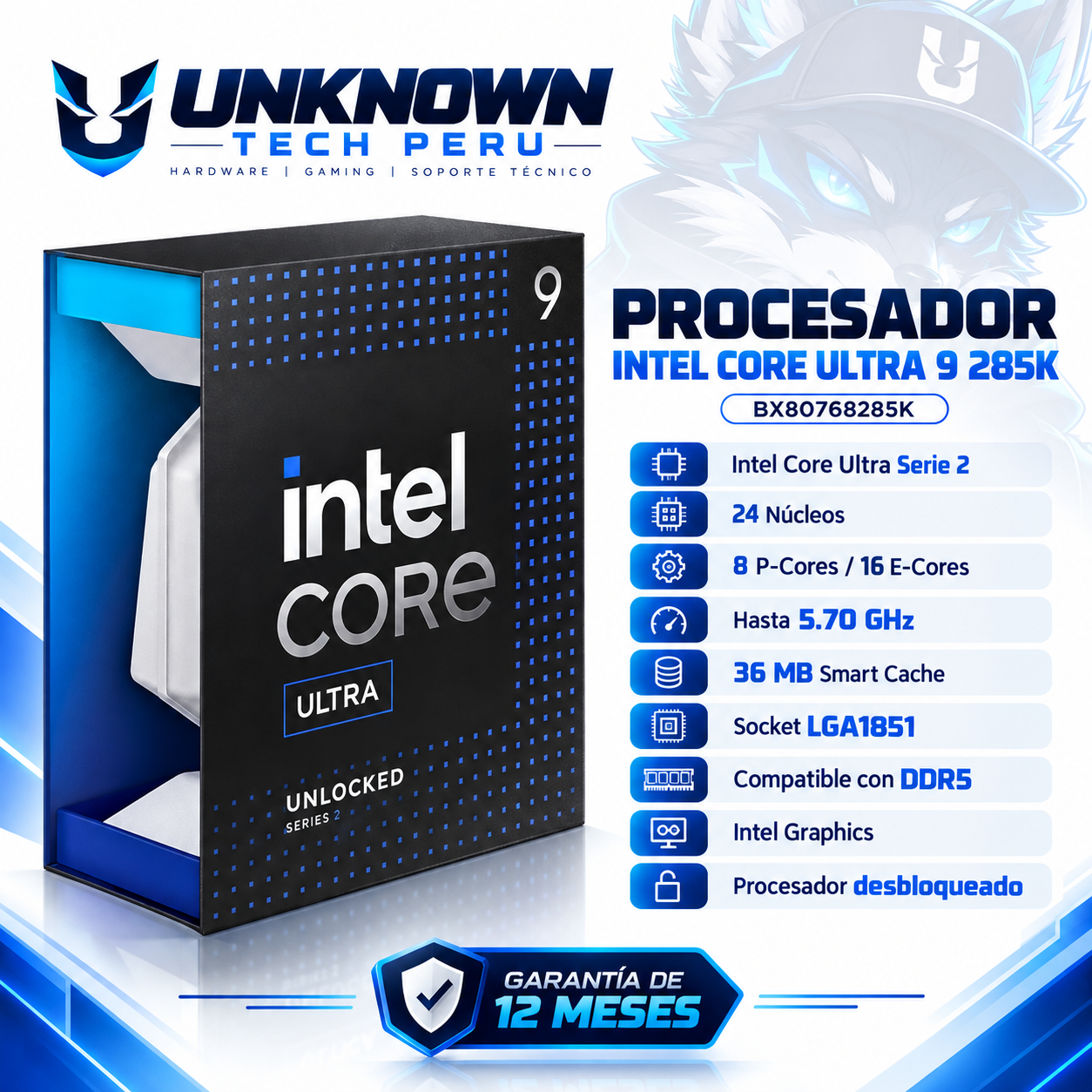 PROCESADOR INTEL CORE ULTRA 9 285K ( BX80768285K ) | GEN ULTRA SERIES 2 | 4.60GHz - 5.70GHz MAX | 40MB - 24N - 24H | CON GRAFICOS INTEL | S/ COOLER | 125W - 250W MAX | PCIe 5.0 | LGA 1851