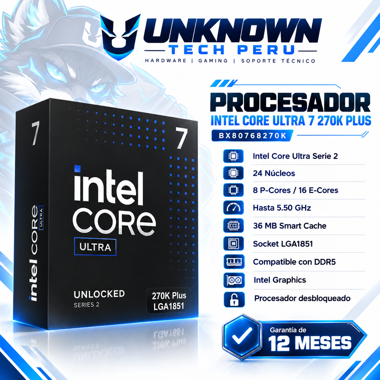 PROCESADOR INTEL CORE ULTRA 7 270K PLUS ( BX80768270K ) | GEN ULTRA PLUS | 3.70GHz - 5.50GHz MAX | 76MB - 24N - 24H | CON GRAFICOS Intel Xe-LPG | S/ COOLER | 125W - 250W MAX | PCIe 5.0 | LGA 1851