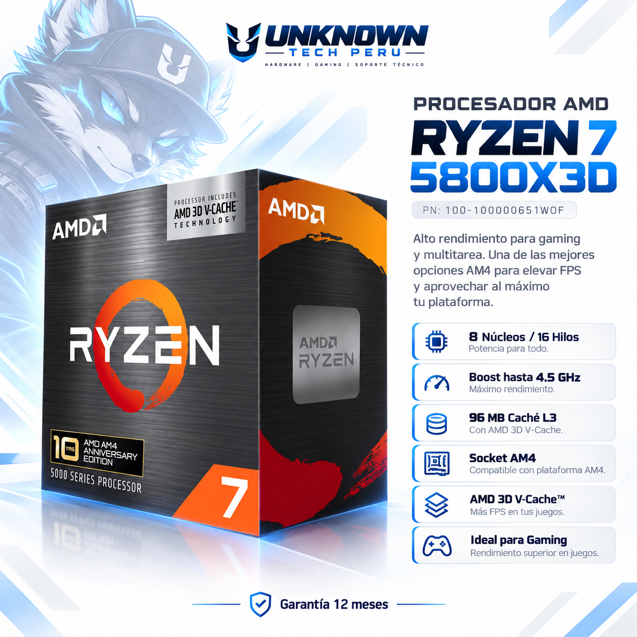 PROCESADOR AMD RYZEN 7 5800X3D ( 100-100000651WOF ) | SERIES 5000 | ZEN 3 | 3.80GHz - 4.50GHz MAX | 100MB - 8N - 16H | Sin Radeon Graphic  | S/ COOLER | 105W - 165W MAX | PCIe® 4.0 | AM4
