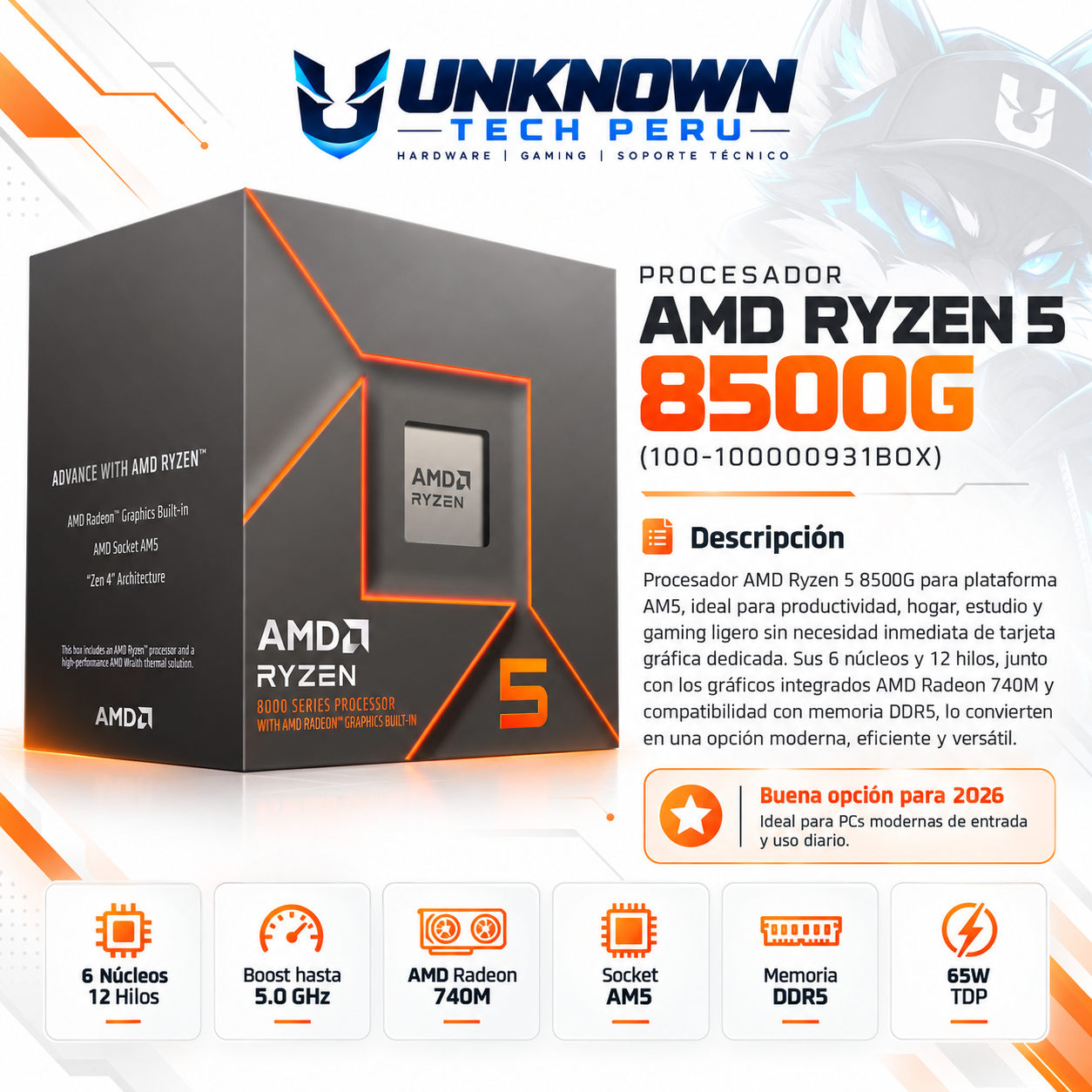 PROCESADOR AMD RYZEN 5 8500G ( 100-100000931BOX ) | SERIES 8000 | ZEN 4 | 3.50GHz - 5.00GHz MAX | 16MB - 6N - 12H | Radeon™ 740M  | S/ COOLER | 45W - 65W MAX | PCIe® 4.0 | AM5