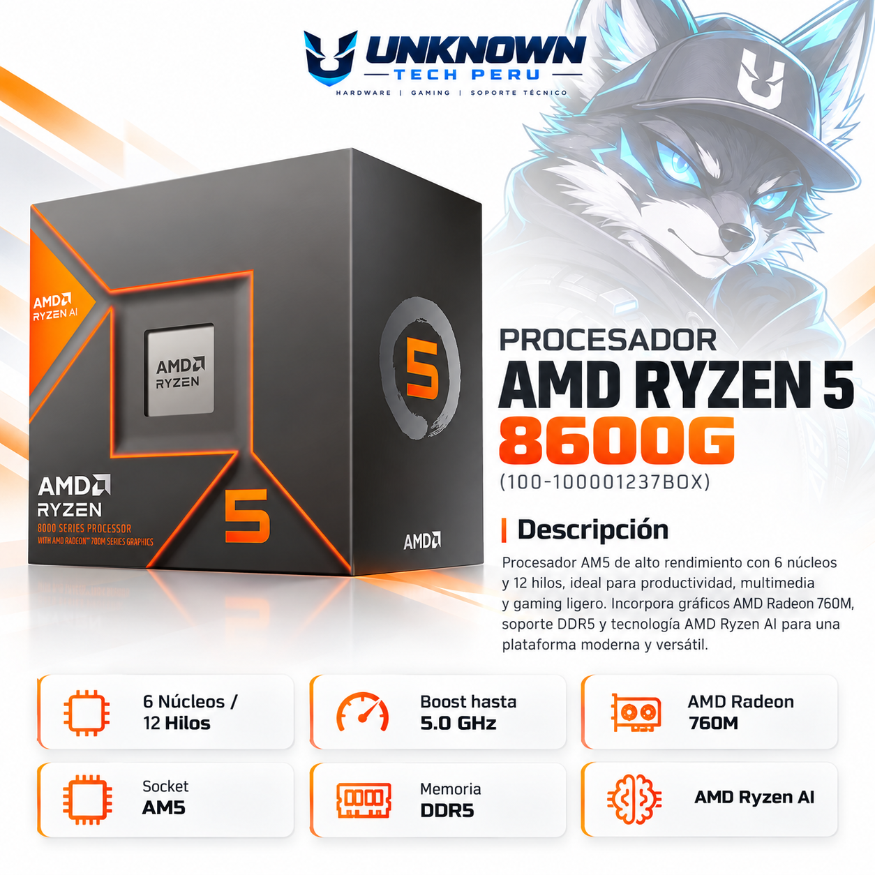 PROCESADOR AMD RYZEN 5 8600G ( 100-100001237BOX ) | SERIES 8000 | ZEN 4 | 4.30GHz - 5.00GHz MAX | 16MB - 6N - 12H | Radeon™ 760M  | S/ COOLER | 45W - 65W MAX | PCIe® 4.0 | AM5
