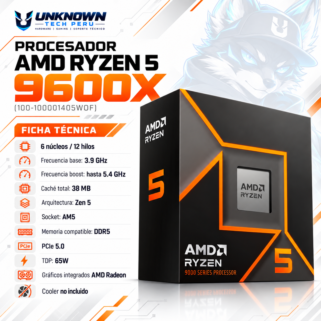 PROCESADOR AMD RYZEN 5 9600X ( 100-100001405WOF ) | SERIES 9000 | ZEN 5 | 3.90GHz - 5.40GHz MAX | 32MB - 6N - 12H | Radeon Graphics (Raphael)  | S/ COOLER | 65W - 125W MAX | PCIe® 5.0 | AM5