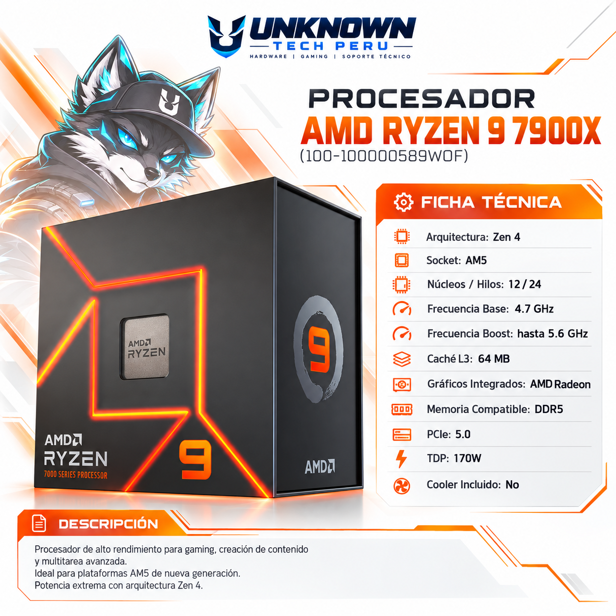 PROCESADOR AMD RYZEN 9 7900X ( 100-100000589WOF ) | SERIES 7000 |  ZEN 4 | 4.70GHz - 5.60GHz MAX | 64MB - 12N - 24H | Radeon Graphics (Raphael)  | S/ COOLER | 120W - 155W MAX | PCIe® 4.0 | AM5