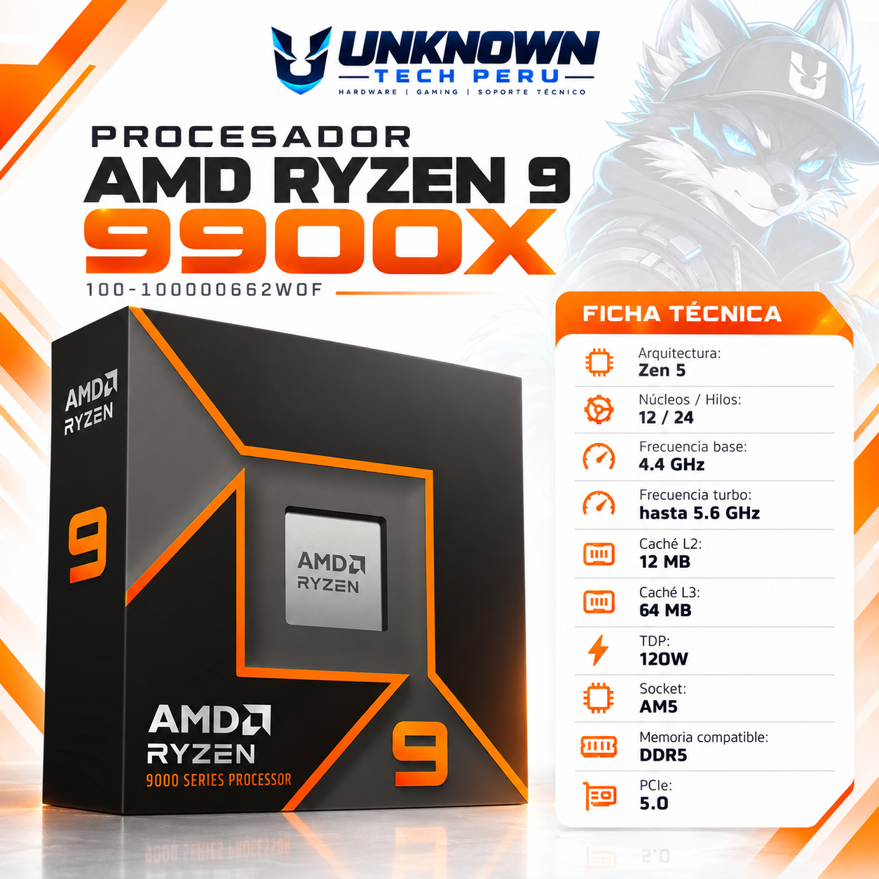 PROCESADOR AMD RYZEN 9 9900X ( 100-100000662WOF ) | SERIES 9000 | ZEN 5 | 4.40GHz - 5.60GHz MAX | 64MB - 12N - 24H | Radeon Graphics (Granite Ridge)  | S/ COOLER | 120W - 155W MAX | PCIe® 5.0 | AM5