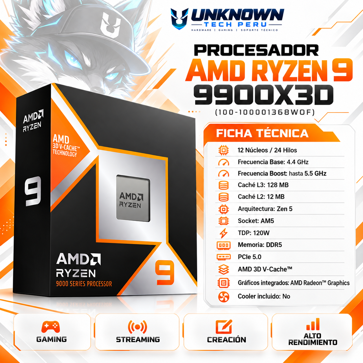PROCESADOR AMD RYZEN 9 9900X3D ( 100-100001368WOF ) | SERIES 9000 | ZEN 5 | 4.40GHz - 5.50GHz MAX | 128MB - 12N - 24H | Radeon Graphics (Granite Ridge)  | S/ COOLER | 120W - 155W MAX | PCIe® 5.0 | AM5