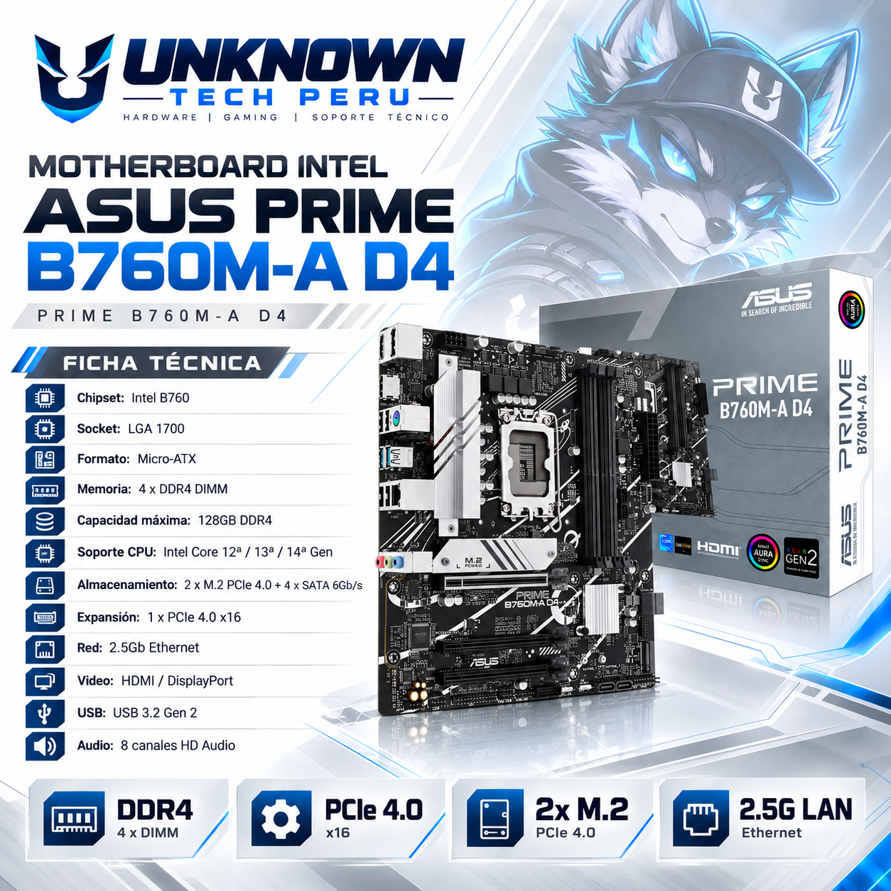 MOTHERBOARD INTEL ASUS PRIME B760M-A D4 ( PRIME B760M-A D4 ) | DDR4 | 4 SLOT RAM - 128GB MAX / 5333MHZ | MICRO ATX | 2 SLOT M.2 | LGA 1700