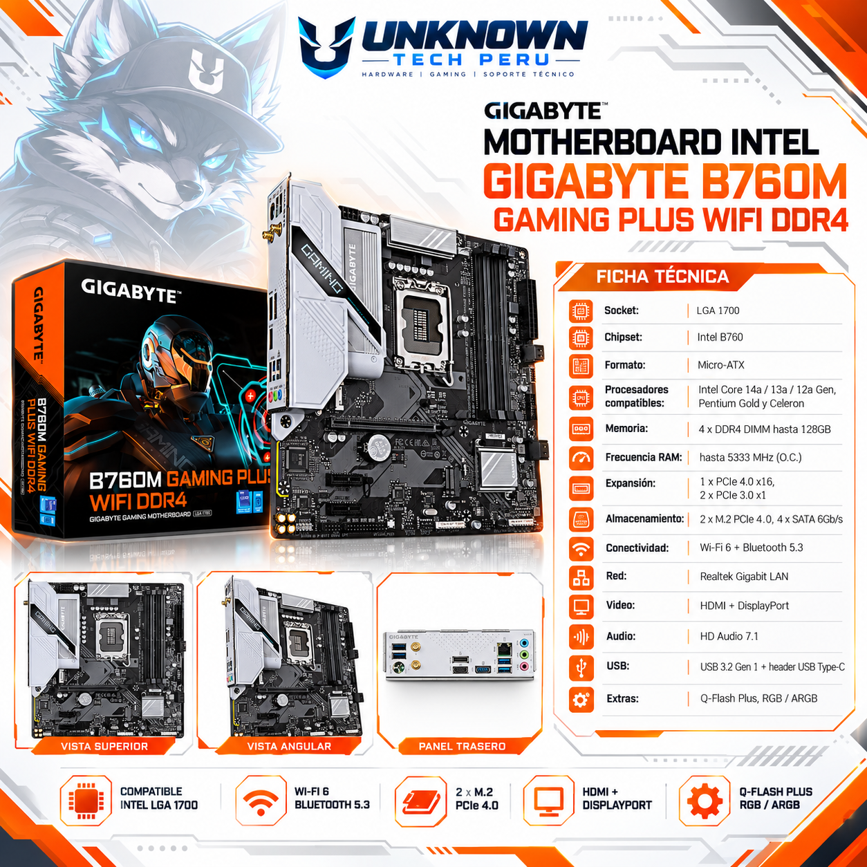MOTHERBOARD INTEL GIGABYTE B760M GAMING PLUS WIFI DDR4 ( B760M GAMING PLUS WIFI DDR4 ) | WIFI 6E | DDR4 | 4 SLOT RAM - 128GB MAX / 6800MHZ | M-ATX | 2 SLOT M.2 | LGA 1700