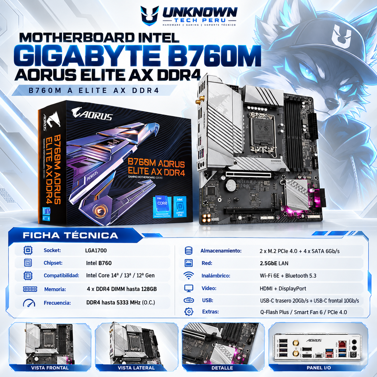 MOTHERBOARD INTEL GIGABYTE B760M AORUS ELITE AX DDR4 ( B760M A ELITE AX DDR4 ) | WIFI 6E | DDR4 | 4 SLOT RAM - 128GB MAX / 6800MHZ | M-ATX | 2 SLOT M.2 | LGA 1700
