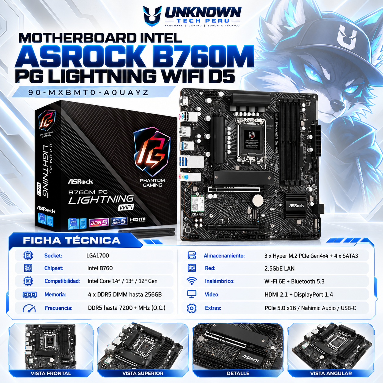MOTHERBOARD INTEL ASROCK B760M PG LIGHTNING WIFI D5 ( 90-MXBMT0-A0UAYZ ) | WIFI 6E | DDR5 | 4 SLOT RAM - 192GB MAX / 7200MHZ | MICRO ATX | 3 SLOT M.2 | LGA 1700