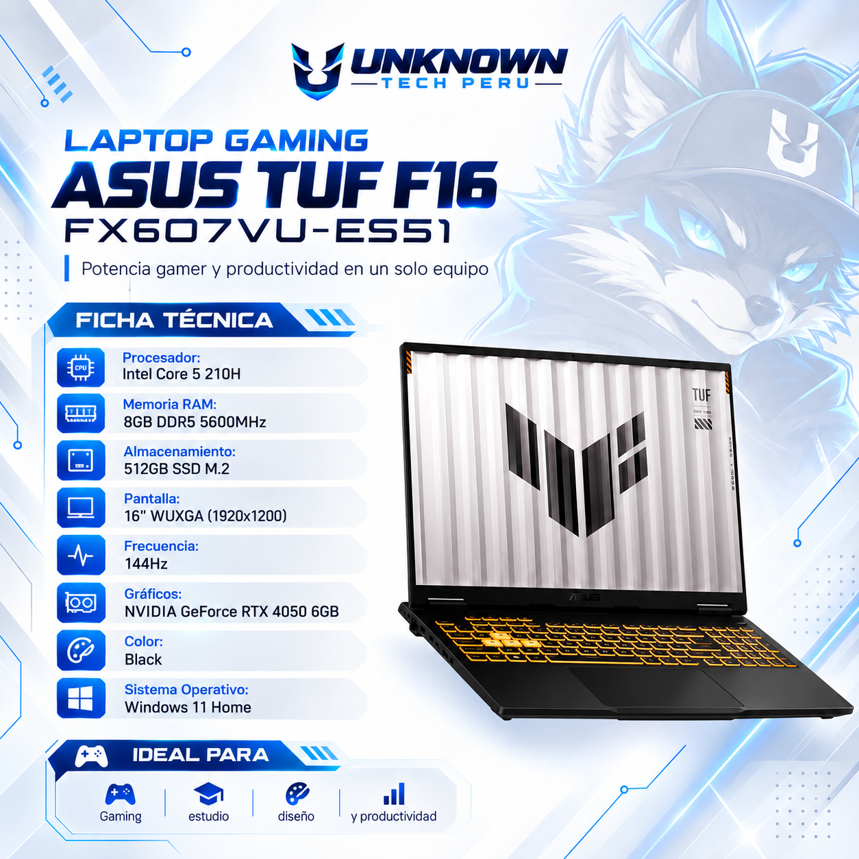 LAPTOP GAMING ASUS TUF F16 FX607VU-ES51 GAMING INTEL CORE 5 210H | 512GB SSD M.2 | 8GB RAM DDR5 5600MHZ | 16" WUXGA (1920X1200) | 144HZ | NVIDIA RTX 4050 6GB | COLOR BLACK | WIN11 HOME | TECLADO INGLES