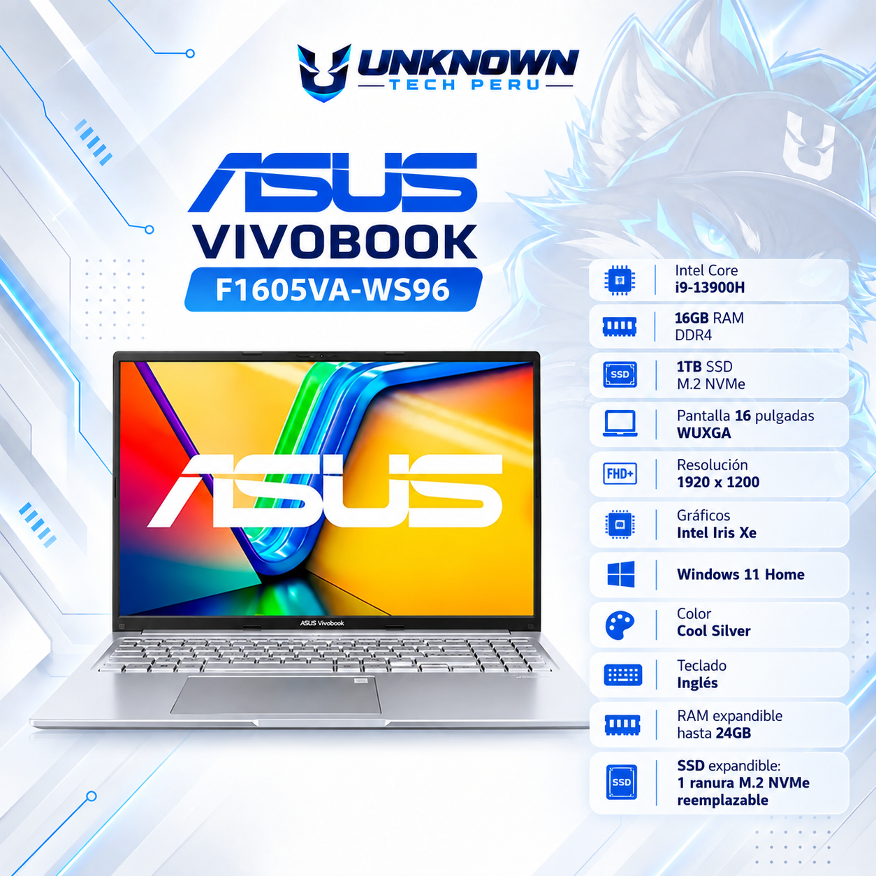LAPTOP ASUS VIVOBOOK F1605VA-WS96 INTEL CORE I9-13900H | 1TB SSD M.2 | 16GB RAM DDR4 | 16" WUXGA (1920X1080) | Intel Iris Xe Graphics | WIN 11 HOME | COLOR COOL SILVER | TECLADO INGLES
