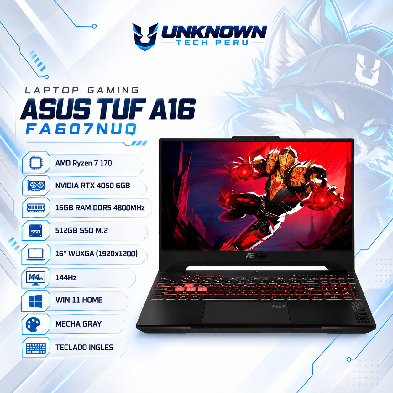 LAPTOP GAMING ASUS TUF A16 FA607NUQ GAMING AMD Ryzen™ 7 170 | 512GB SSD M.2 | 16GB RAM DDR5 4800MHz | 16" WUXGA (1920x1200) | 144Hz | WIN 11 HOME | NVIDIA® RTX 4050 6GB | MECHA GRAY | TECLADO INGLES