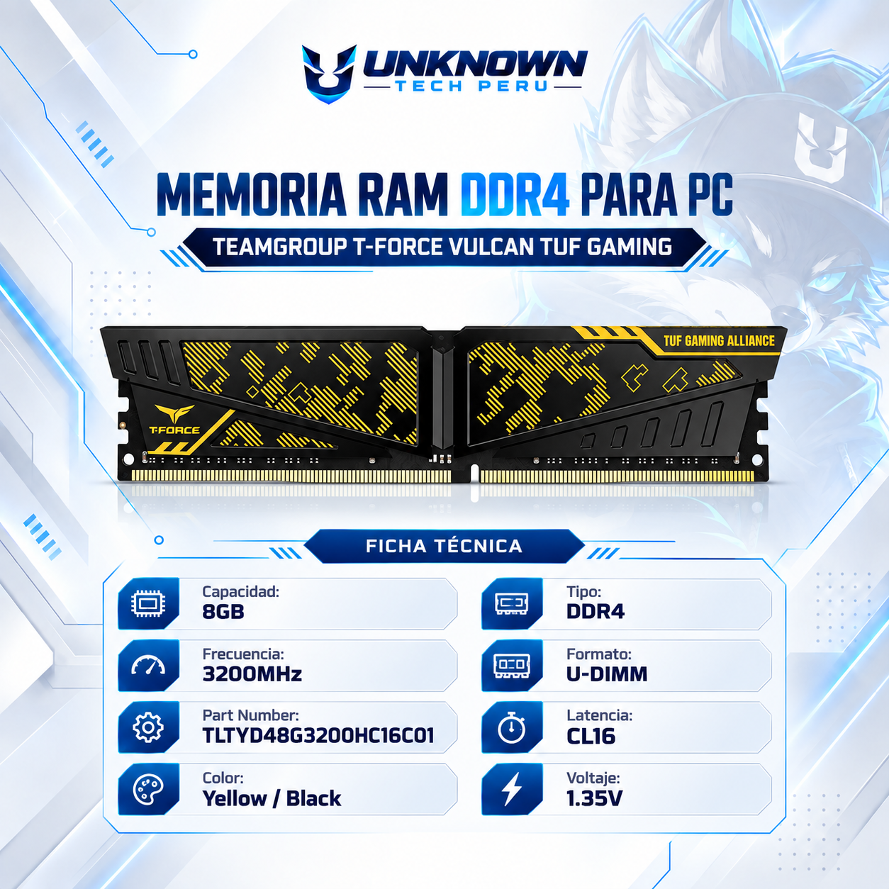 MEMORIA RAM DRR4 PARA PC TEAMGROUP  T-FORCE VULCAN TUF GAMING 8GB/3200MHz ( TLTYD48G3200HC16C01 ) | YELLOW / BLACK | DDR4 | U-DIMM | CL 16 | 1.35v |