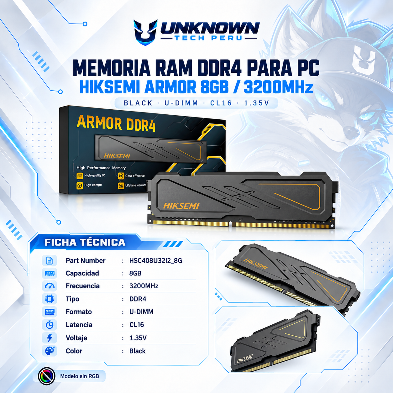 MEMORIA RAM DRR4 PARA PC HIKSEMI ARMOR 8GB/3200MHz ( HSC408U32I2_8G ) | BLACK | DDR4 | U-DIMM | CL 16 | 1.35v |