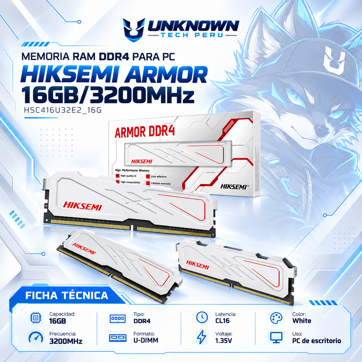 MEMORIA RAM DRR4 PARA PC HIKSEMI ARMOR 16GB/3200MHz ( HSC416U32E2_16G ) | WHITE | DDR4 | U-DIMM | CL 16 | 1.35v |