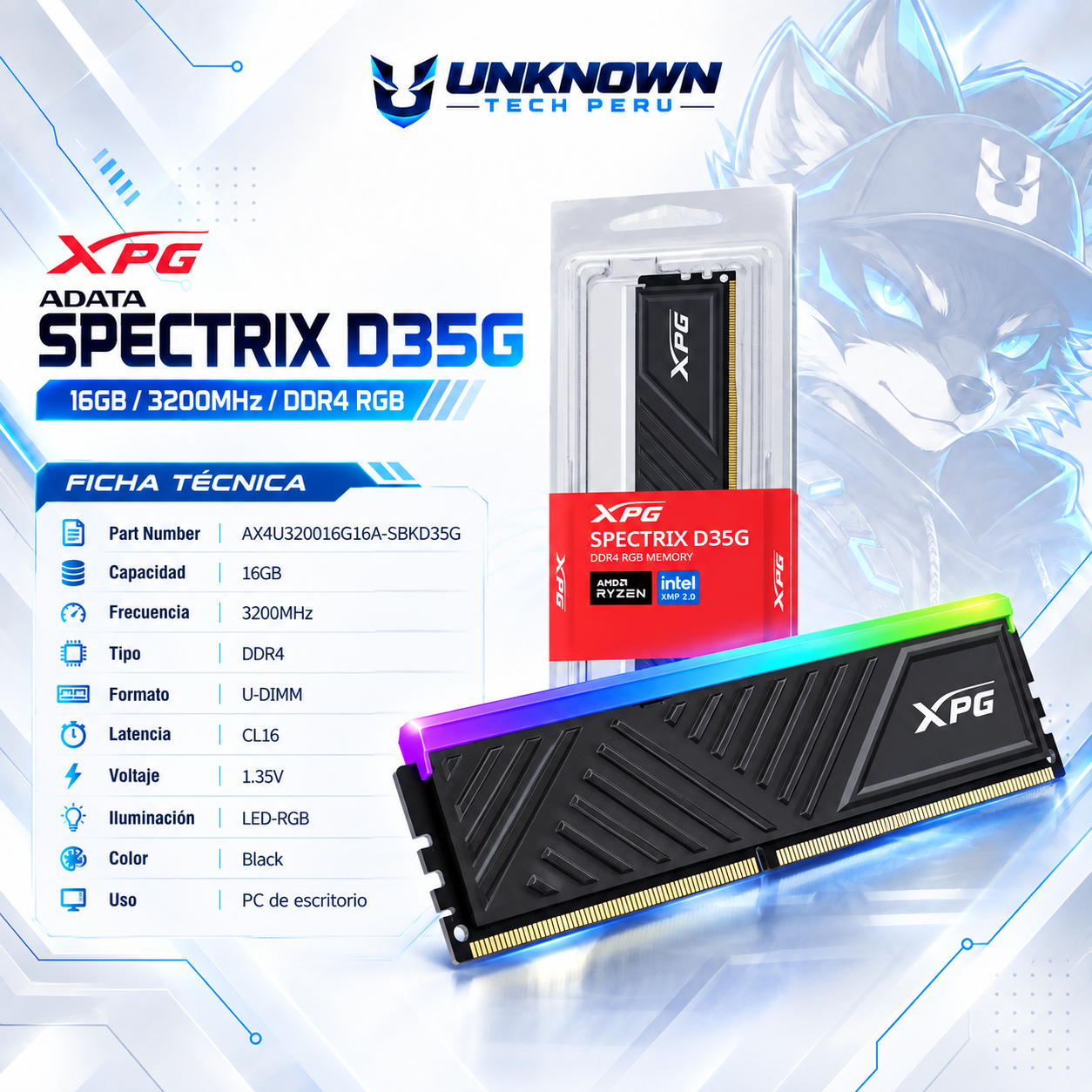 MEMORIA RAM DRR4 PARA PC ADATA XPG SPECTRIX D35G 16GB/3200MHz ( AX4U320016G16A-SBKD35G ) | BLACK | DDR4 | U-DIMM | CL 16 | 1.35v | LED-RGB