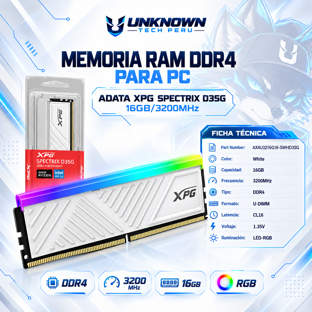 MEMORIA RAM DRR4 PARA PC ADATA XPG SPECTRIX D35G 16GB/3200MHz ( AX4U3216G16-SWHD35G ) | WHITE | DDR4 | U-DIMM | CL 16 | 1.35v | LED-RGB