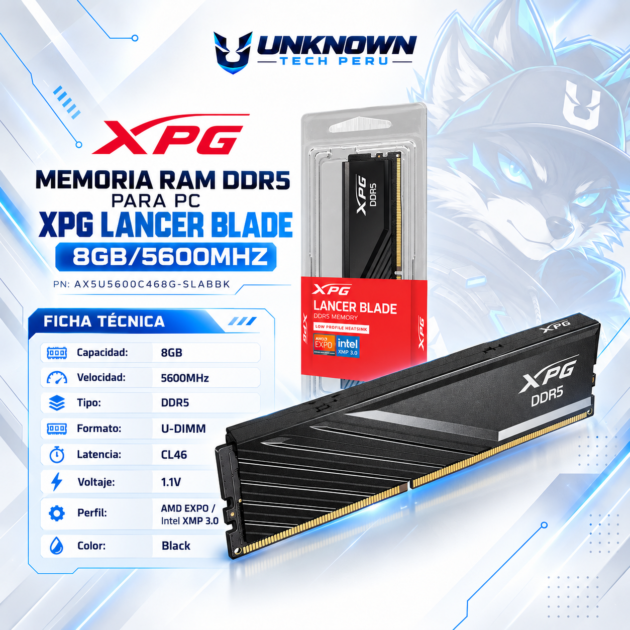 MEMORIA RAM DRR5 PARA PC XPG LANCER BLADE 8GB/5600MHZ ( AX5U5600C468G-SLABBK ) | BLACK | DDR5 | U-DIMM | CL46 | 1.1v | EXPO / XMP 3.0 |