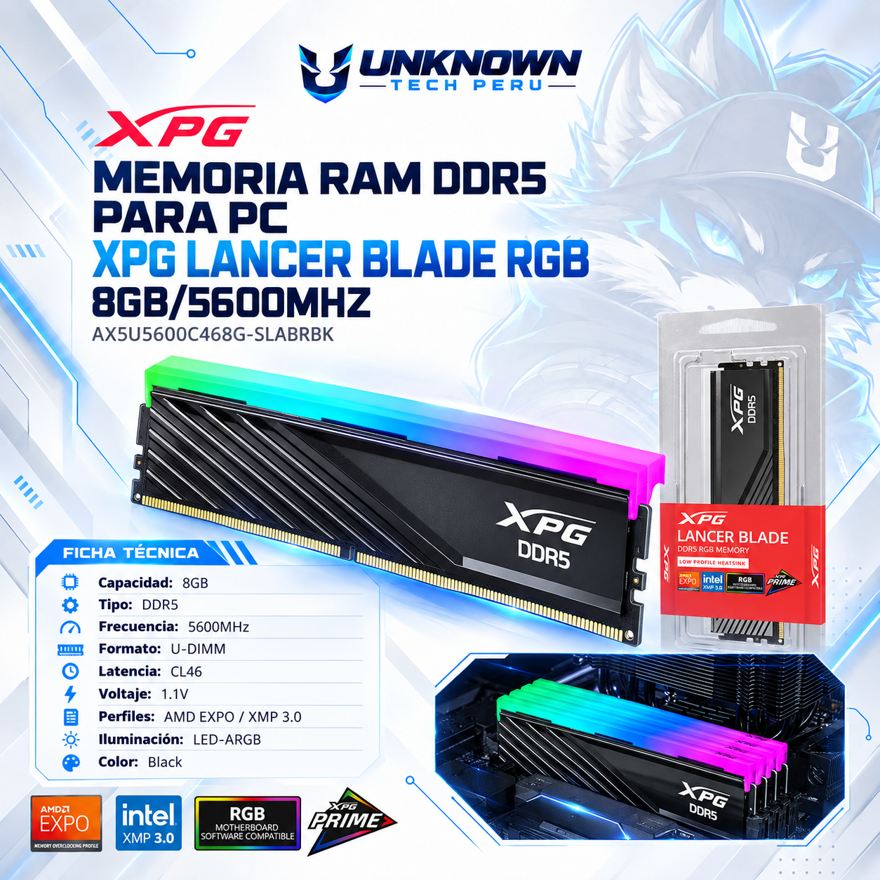 MEMORIA RAM DRR5 PARA PC XPG LANCER BLADE RGB 8GB/5600MHZ ( AX5U5600C468G-SLABRBK ) | BLACK | DDR5 | U-DIMM | CL46 | 1.1v | EXPO / XMP 3.0 | LED-ARGB