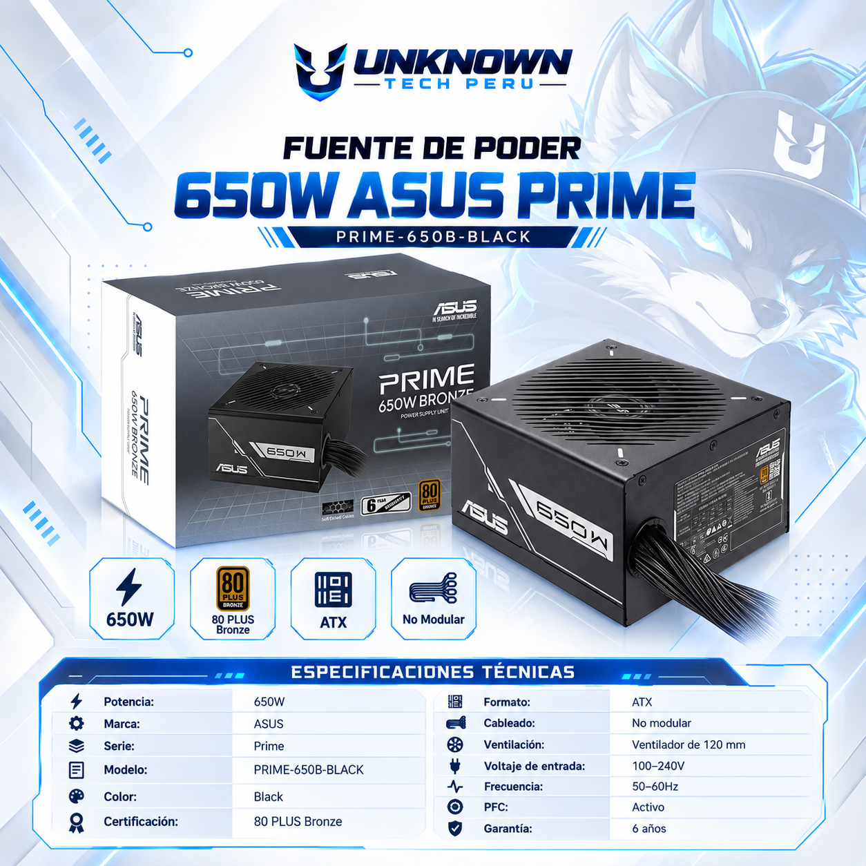 FUENTE DE PODER 650W | ASUS PRIME ( PRIME-650B-BLACK ) | BLACK | 80 PLUS BRONZE | ATX | NO MODULAR |