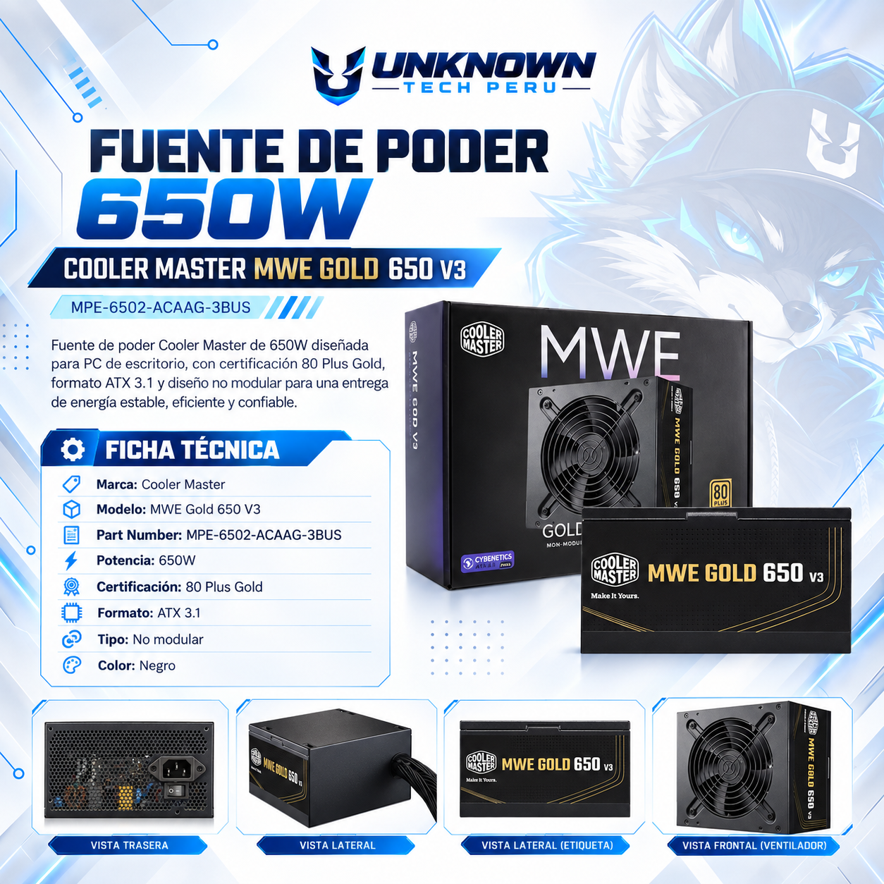 FUENTE DE PODER 650W | COOLER MASTER 650 MWE V3 ( MPE-6502-ACAAG-3BUS ) | BLACK | 80 PLUS GOLD | ATX 3.1 | NO MODULAR |