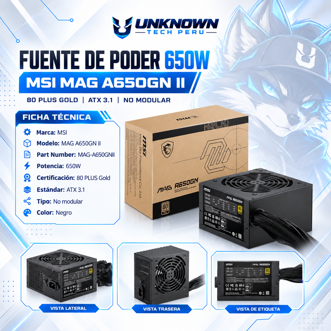 FUENTE DE PODER 650W | MSI MAG A650GN II ( MAG-A650GNII ) | BLACK | 80 PLUS GOLD | ATX 3.1 | NO MODULAR |