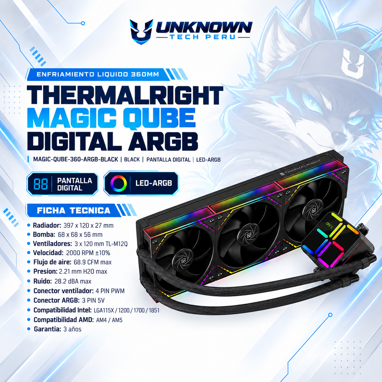 ENFRIAMIENTO LIQUIDO 360MM | THERMALRIGHT MAGIC QUBE DIGITAL ARGB ( MAGIC-QUBE-360-ARGB-BLACK ) | BLACK | PANTALLA DIGITAL | LED-ARGB