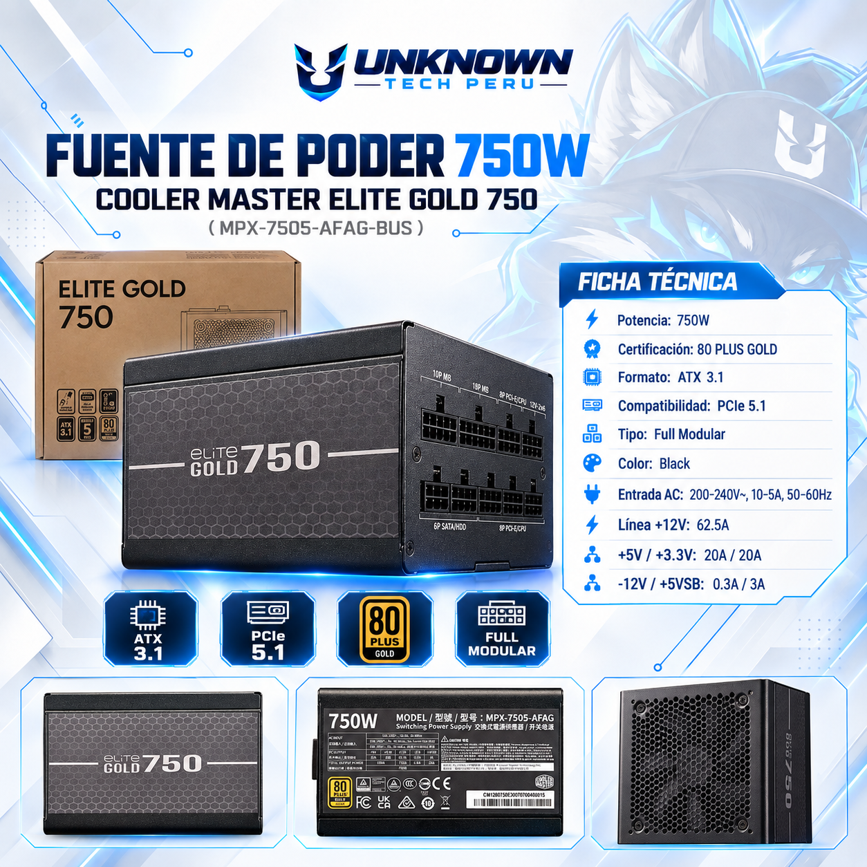 FUENTE DE PODER 750W | COOLER MASTER ELITE GOLD 750 ( MPX-7505-AFAG-BUS ) | BLACK | 80 PLUS GOLD | ATX 3.1 | PCIe 5.1 | FULL MODULAR |
