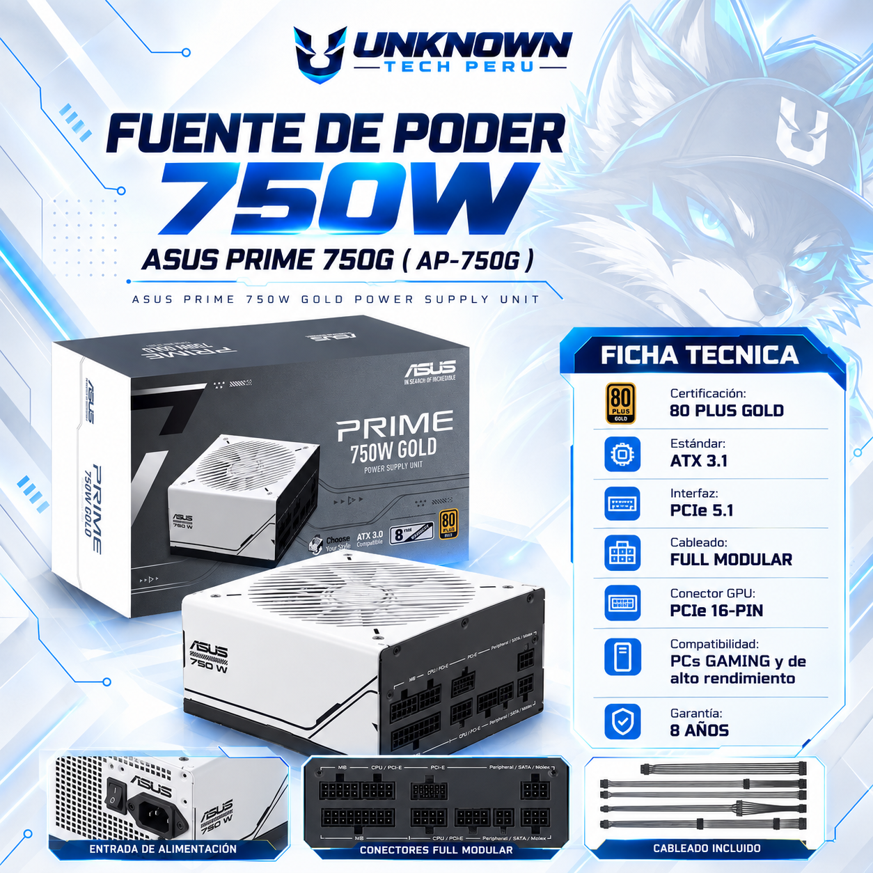 FUENTE DE PODER 750W | ASUS PRIME 750G ( AP-750G ) | BLACK | 80 PLUS GOLD | ATX 3.1 | PCIe 5.1 | FULL MODULAR |
