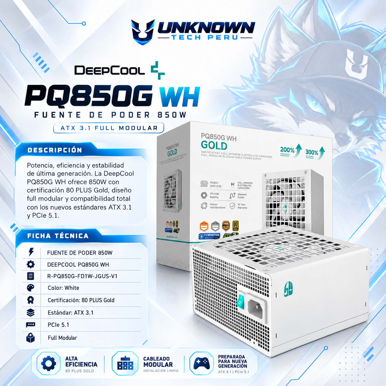 FUENTE DE PODER 850W | DEEPCOOL PQ850G WH ( R-PQ850G-FD1W-JGUS-V1 ) | WHITE | 80 PLUS GOLD | ATX 3.1 | PCIe 5.1 | FULL MODULAR |