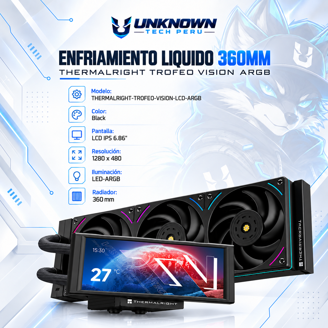 ENFRIAMIENTO LIQUIDO 360MM | THERMALRIGHT TROFEO VISION ARGB ( THERMALRIGHT-TROFEO-VISION-LCD-ARGB ) | BLACK | PANTALLA LCD 6.86" / IPS | 1280x480p | LED-ARGB