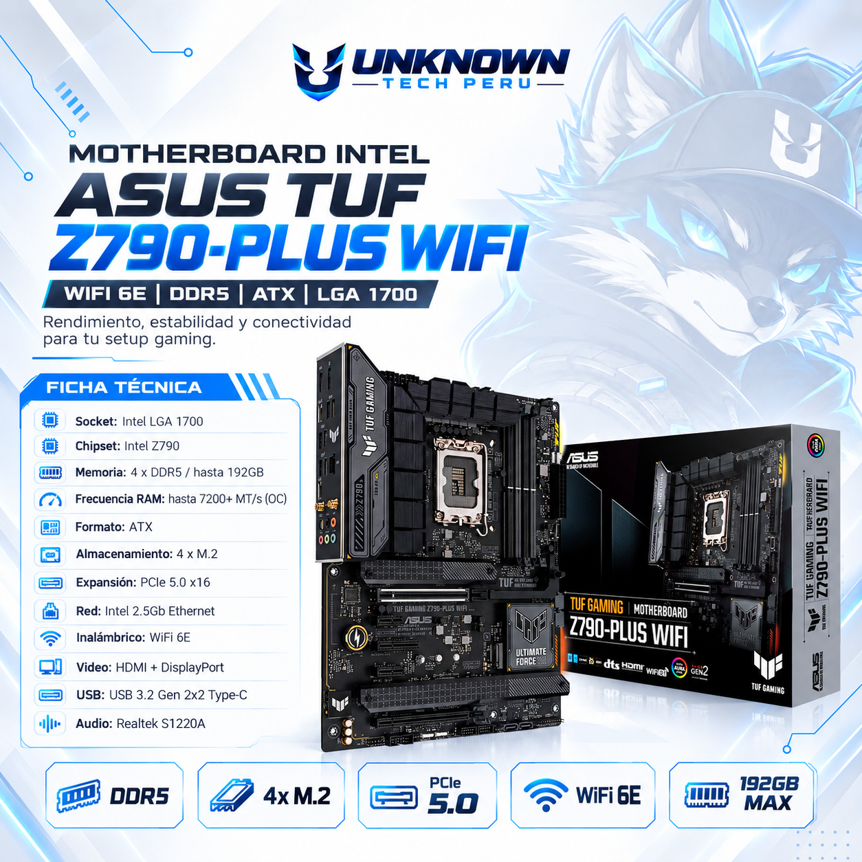 MOTHERBOARD INTEL ASUS TUF Z790-PLUS WIFI ( TUF GAMING Z790-PLUS WIFI ) | WIFI 6E | DDR5 | 4 SLOT RAM - 192GB MAX / 7200MHZ | ATX | 4 SLOT M.2 | LGA 1700