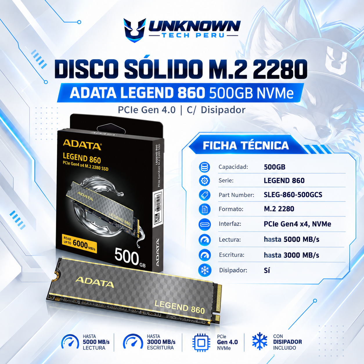 DISCO SOLIDO M.2 2280 ADATA LEGEND 860  500GB NVMe ( SLEG-860-500GCS ) | LEGEND 860 | C/ DISIPADOR | LECTURA 5000MB/s - ESCRITURA 3000MB/s | PCIe GEN 4.0