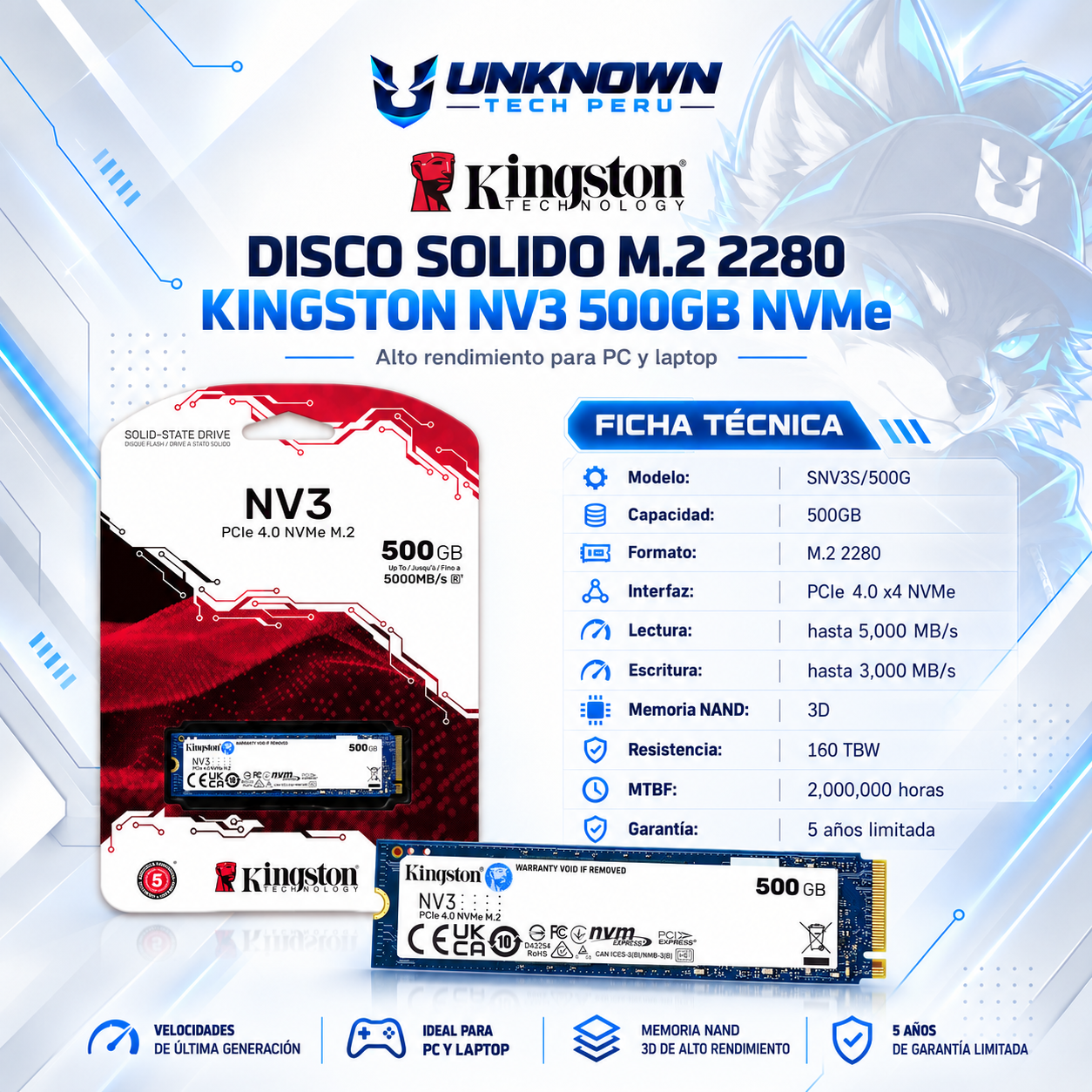 DISCO SOLIDO M.2 2280 KINGSTONG NV3 500GB NVMe ( SNV3S/500G ) | NV3 | LECTURA 5000MB/s - ESCRITURA 3000MB/s | PCIe GEN 4.0