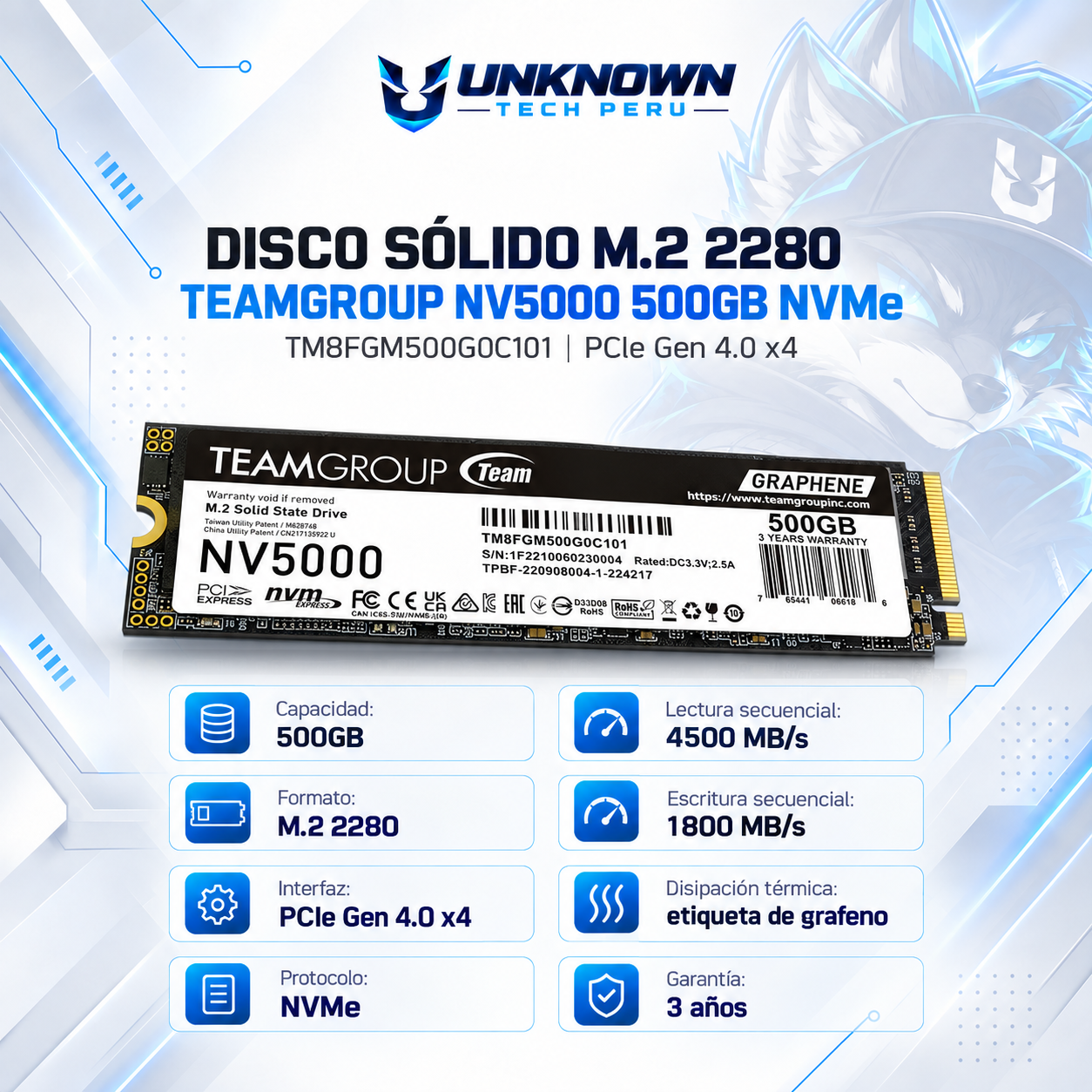 DISCO SOLIDO M.2 2280 TEAMGROUP MP33 512GB NVMe ( TM8FGM500G0C101 ) | NV5000 | LECTURA 4500MB/s - ESCRITURA 1800MB/s | PCIe GEN 4.0
