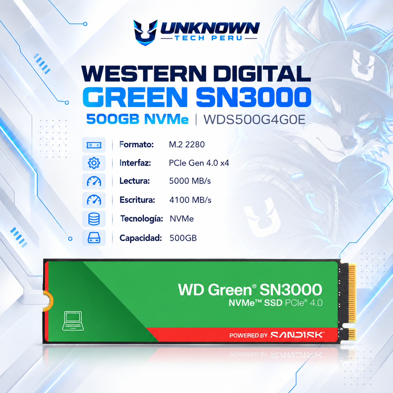 DISCO SOLIDO M.2 2280 WESTERN DIGITAL GREEN SN3000 500GB NVMe ( WDS500G4G0E ) | SN3000 | LECTURA 5000MB/s - ESCRITURA 4100MB/s | PCIe GEN 4.0