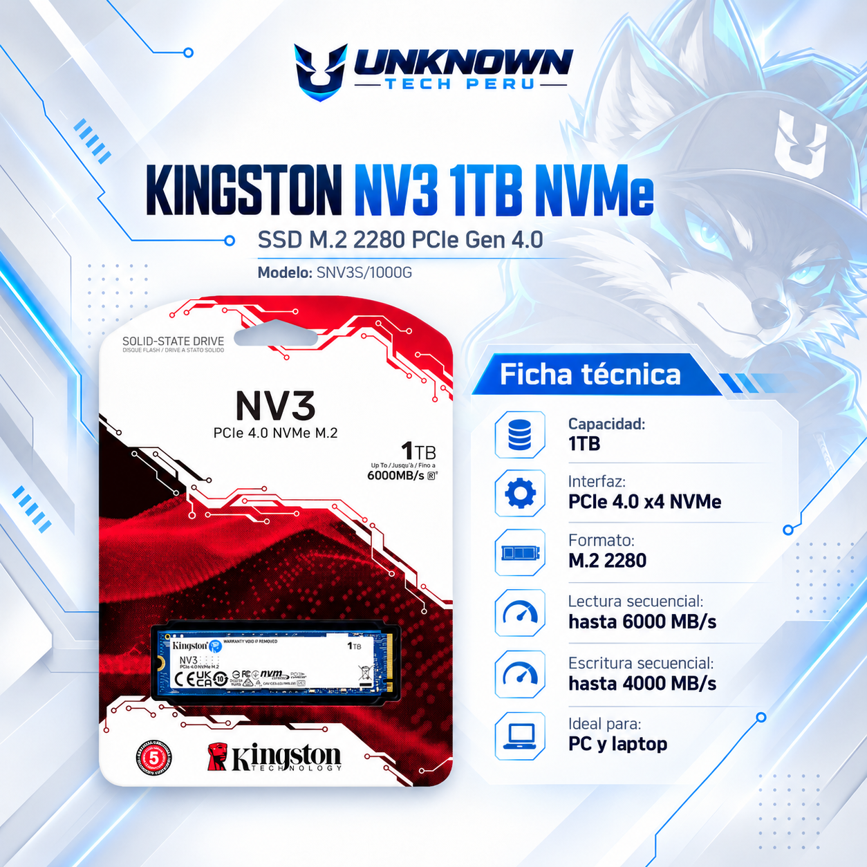 DISCO SOLIDO M.2 2280 KINGSTONG NV3 1TB NVMe ( SNV3S/1000G ) | NV3 | LECTURA 6000MB/s - ESCRITURA 4000MB/s | PCIe GEN 4.0
