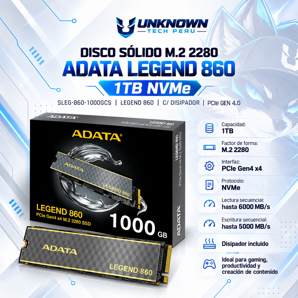 DISCO SOLIDO M.2 2280 ADATA LEGEND 860  1TB NVMe ( SLEG-860-1000GCS ) | LEGEND 860 | C/ DISIPADOR | LECTURA 6000MB/s - ESCRITURA 5000MB/s | PCIe GEN 4.0