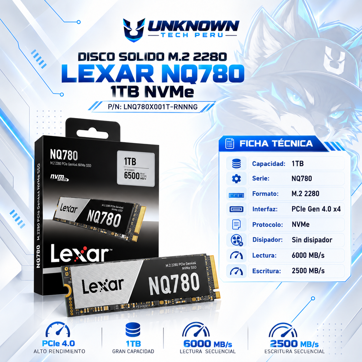 DISCO SOLIDO M.2 2280 LEXAR NQ780 1TB ( LNQ780X001T-RNNNG ) | NQ870| SIN/DISIPADOR | LECTURA 6000MB/s - ESCRITURA 2500MB/s | PCIe GEN 4.0