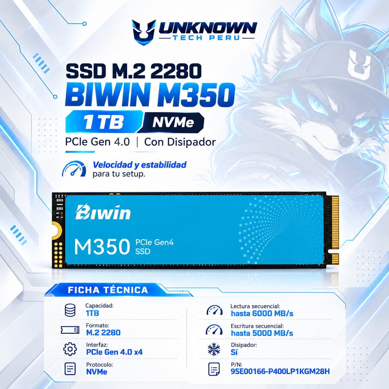 DISCO SOLIDO M.2 2280 BIWIN M350 1TB NVMe ( 9SE00166-P400LP1KGM28H ) | M350 | C/ DISIPADOR | LECTURA 6000MB/s - ESCRITURA 5000MB/s | PCIe GEN 4.0