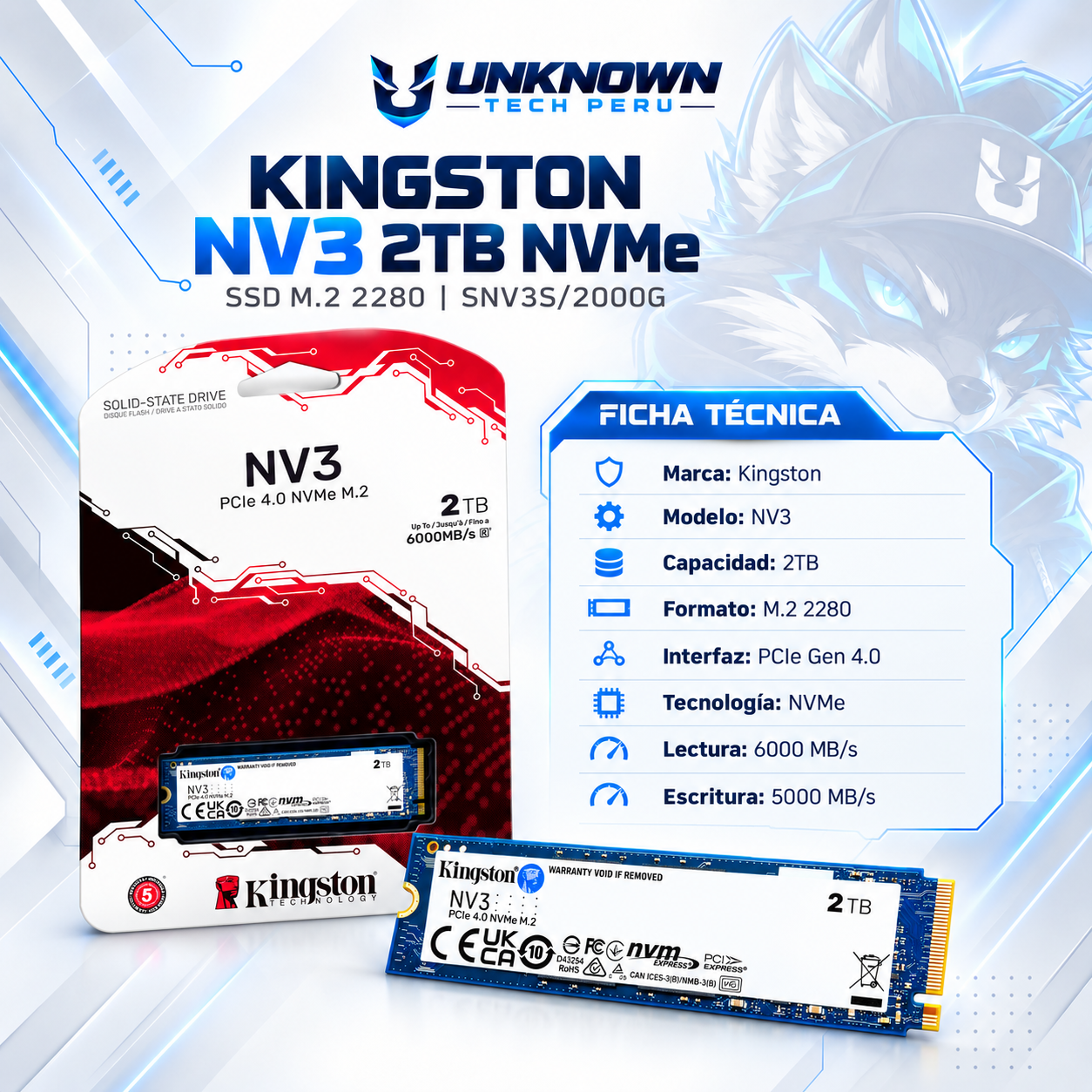 DISCO SOLIDO M.2 2280 KINGSTONG NV3 2TB NVMe ( SNV3S/2000G ) | NV3 | LECTURA 6000MB/s - ESCRITURA 5000MB/s | PCIe GEN 4.0