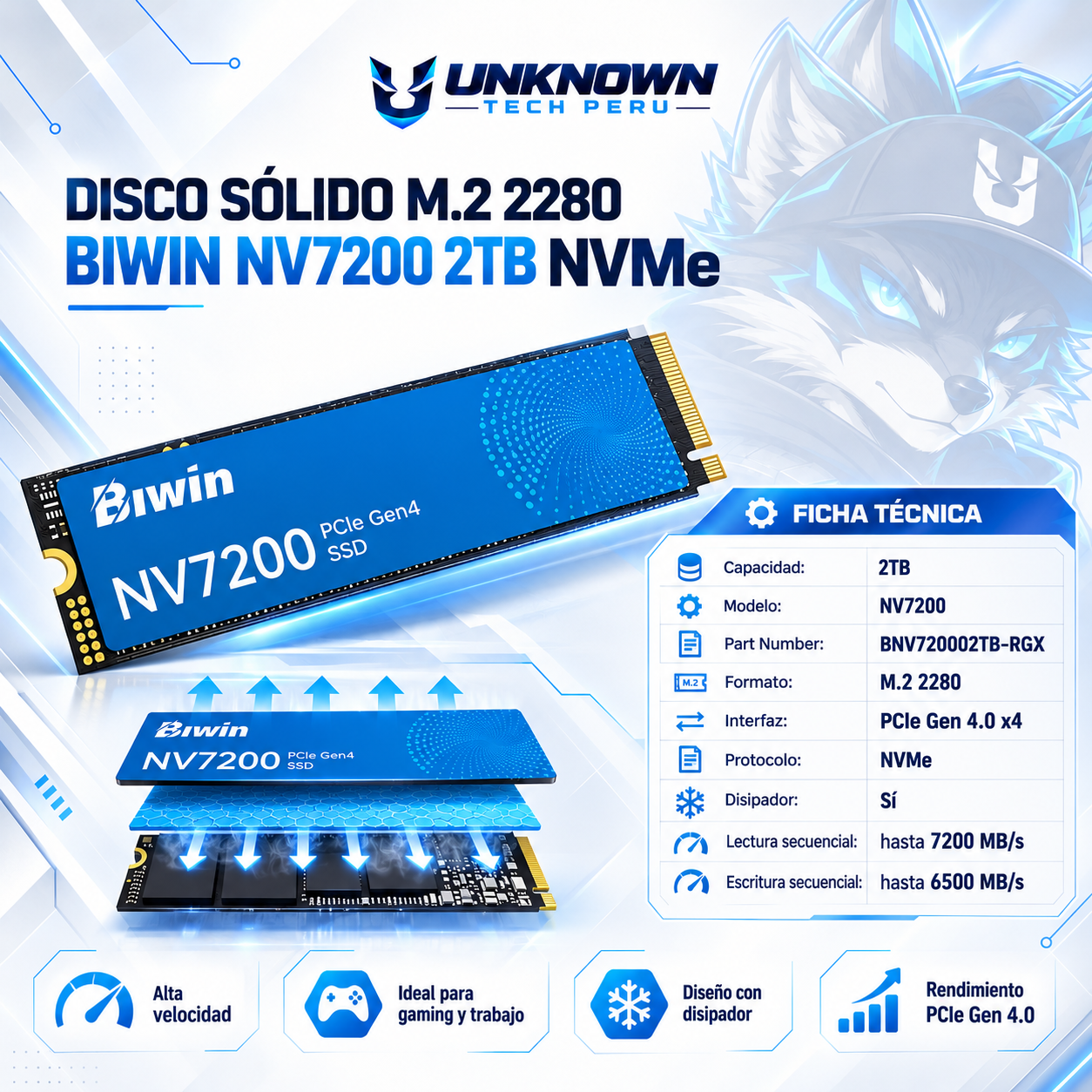 DISCO SOLIDO M.2 2280 BIWIN NV7200 2TB NVMe ( BNV720002TB-RGX) | NV7200 | C/ DISIPADOR | LECTURA 7200MB/s - ESCRITURA 6500MB/s | PCIe GEN 4.0