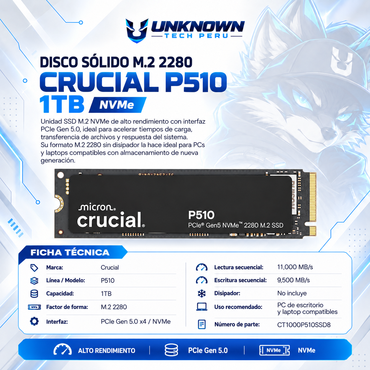 DISCO SOLIDO M.2 2280 CRUCIAL P510 ( CT1000P510SSD8 ) | P510 | SIN/DISIPADOR | LECTURA 11000MB/s - ESCRITURA 9500MB/s | PCIe GEN 5.0
