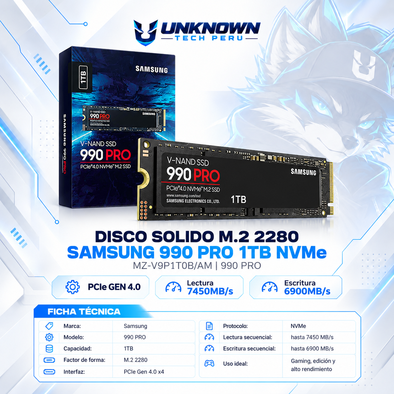 DISCO SOLIDO M.2 2280 SAMSUNG 990 PRO 1TB NVMe ( MZ-V9P1T0B/AM ) | 990 PRO | LECTURA 7450MB/s - ESCRITURA 6900MB/s | PCIe GEN 4.0