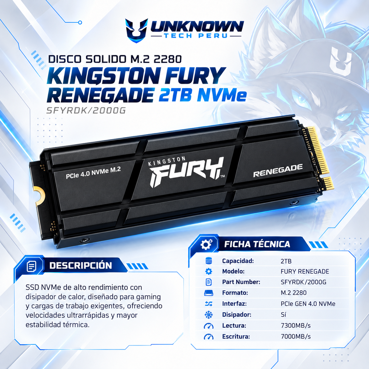 DISCO SOLIDO M.2 2280 KINGSTONG FURY RENEGADE 2TB NVMe ( SFYRDK/2000G ) | FURY RENEGADE | C/DISIPADOR | LECTURA 7300MB/s - ESCRITURA 7000MB/s | PCIe GEN 4.0