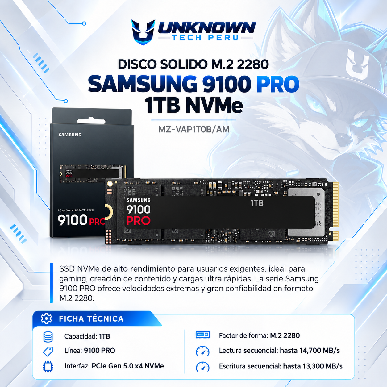 DISCO SOLIDO M.2 2280 SAMSUNG 9100 PRO 1TB NVMe ( MZ-VAP1T0B/AM ) | 9100 PRO | LECTURA 14,700MB/s - ESCRITURA 13,300MB/s | PCIe GEN 5.0