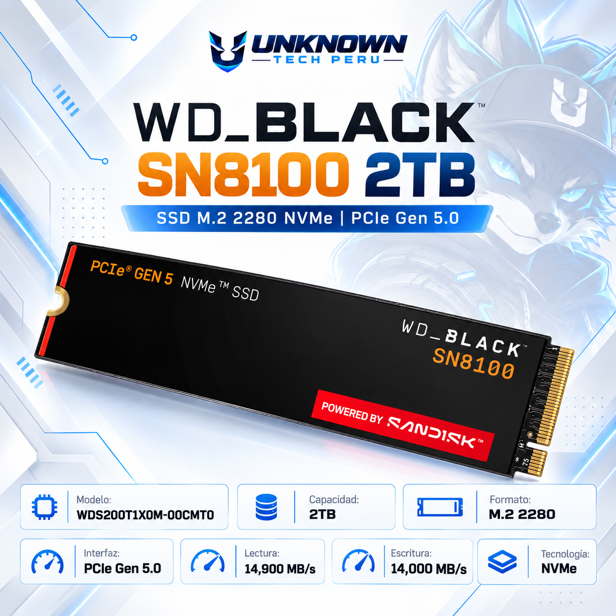 DISCO SOLIDO M.2 2280 SANDISK WESTER DIGITAL BLACK SN8100 2TB NVMe ( WDS200T1X0M-00CMT0 ) | SN8100 | LECTURA 14,900MB/s - ESCRITURA 14,000MB/s | PCIe GEN 5.0