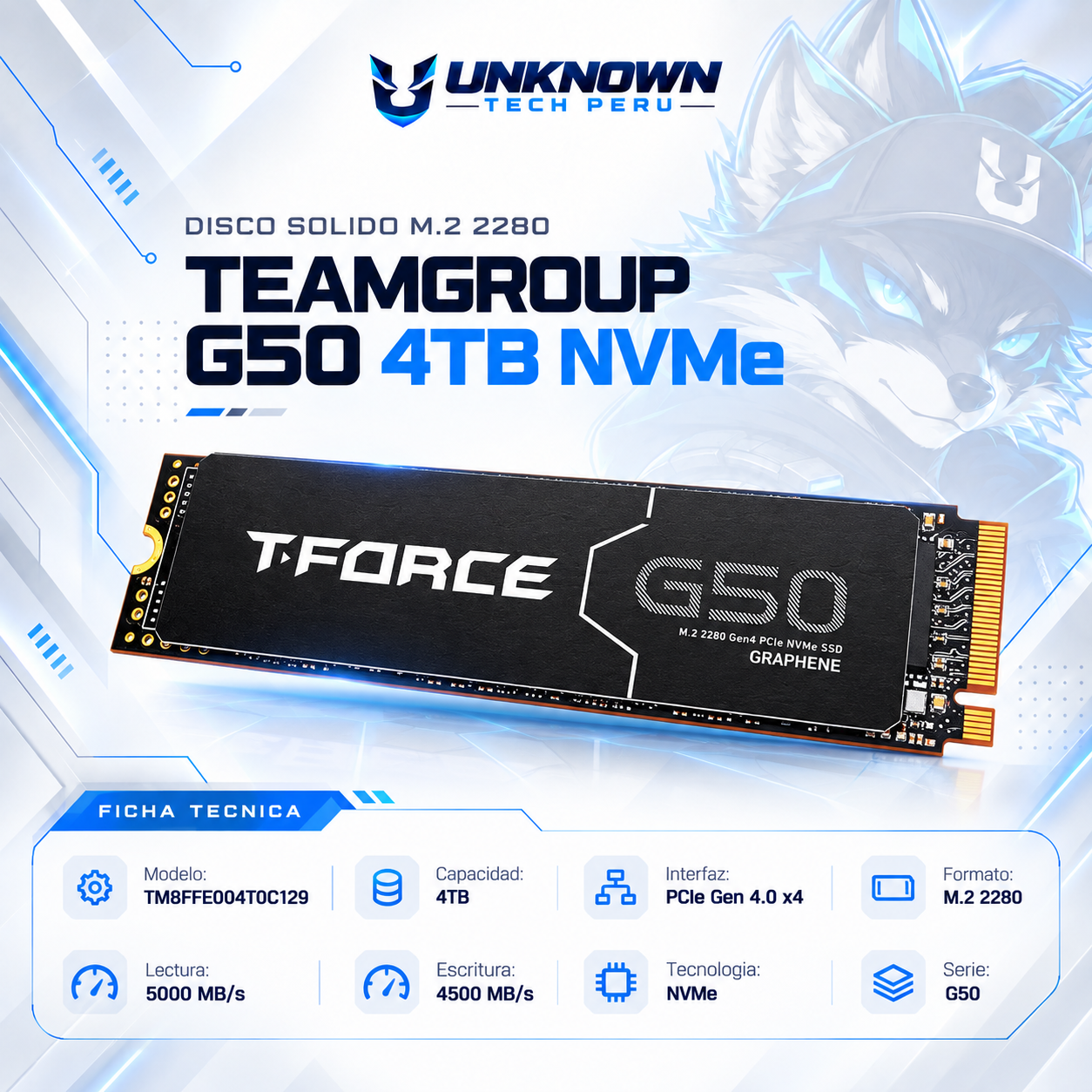 DISCO SOLIDO M.2 2280 TEAMGROUP G50 4TB NVMe ( TM8FFE004T0C129 ) | G50 | LECTURA 5000MB/s - ESCRITURA 4500MB/s | PCIe GEN 4.0